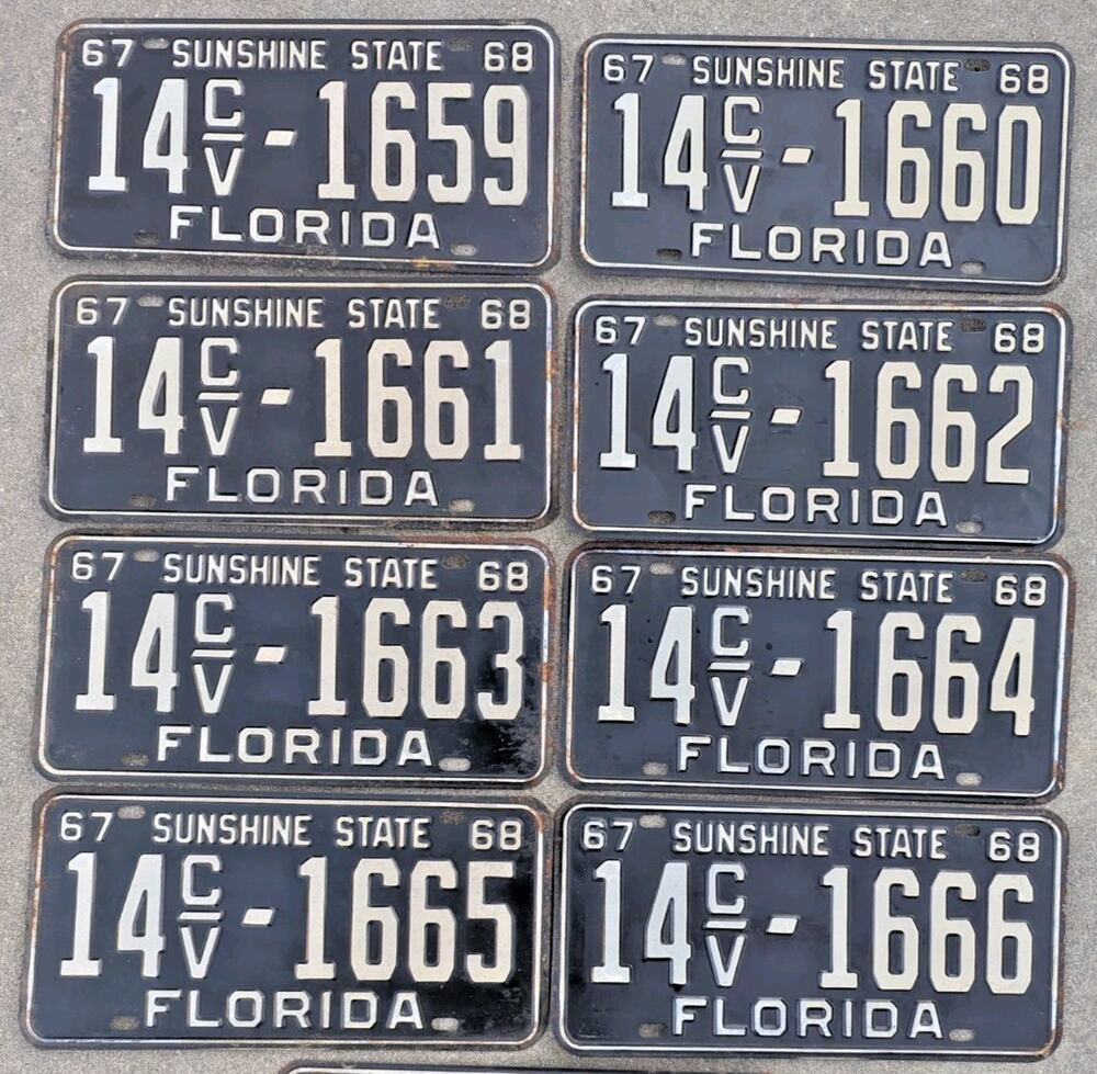 1967/68 Florida Sunshine State License Plate Lot of 8 Consecutively Numbered Set